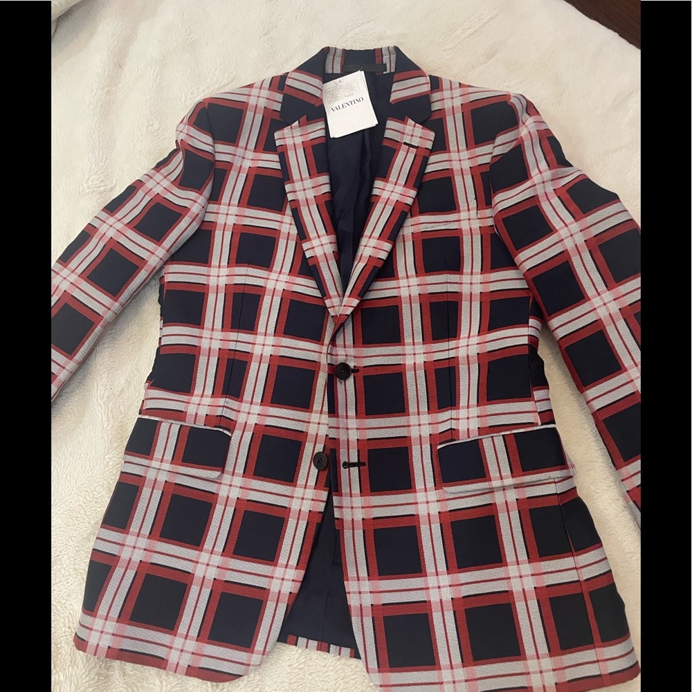 Valentino Mens Check Navy Blazer Sz 46 Italian 36 US